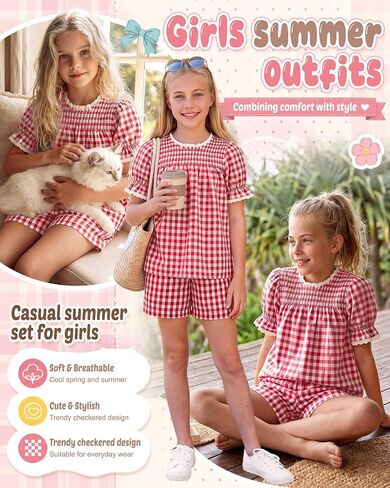 Xaatren Girls 2 Piece Gingham Outfits Puff Sleeve Shirts Shorts with Pockets Lace Trim Summer Matching Sets 5-14 Years in Saudi Arabia