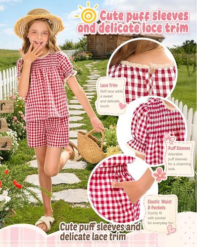 Xaatren Girls 2 Piece Gingham Outfits Puff Sleeve Shirts Shorts with Pockets Lace Trim Summer Matching Sets 5-14 Years in Saudi Arabia