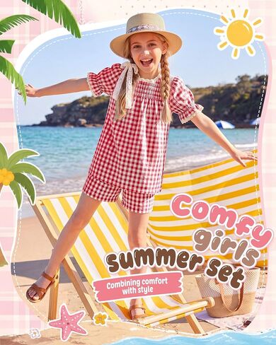 Xaatren Girls 2 Piece Gingham Outfits Puff Sleeve Shirts Shorts with Pockets Lace Trim Summer Matching Sets 5-14 Years in Saudi Arabia