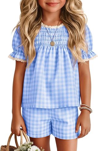 Xaatren Girls 2 Piece Gingham Outfits Puff Sleeve Shirts Shorts with Pockets Lace Trim Summer Matching Sets 5-14 Years in Saudi Arabia