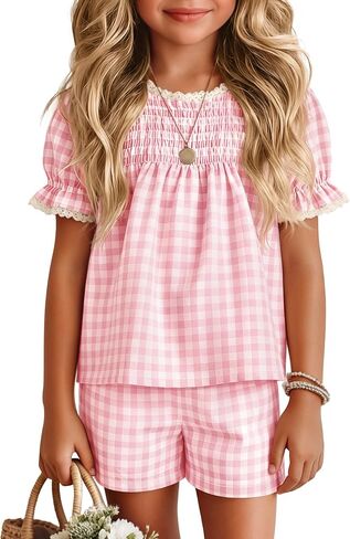 Xaatren Girls 2 Piece Gingham Outfits Puff Sleeve Shirts Shorts with Pockets Lace Trim Summer Matching Sets 5-14 Years in Saudi Arabia
