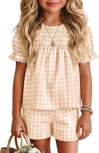 Xaatren Girls 2 Piece Gingham Outfits Puff Sleeve Shirts Shorts with Pockets Lace Trim Summer Matching Sets 5-14 Years in Saudi Arabia