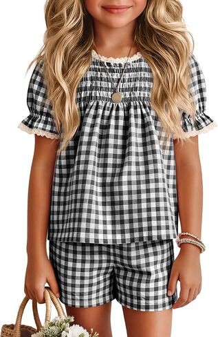 Xaatren Girls 2 Piece Gingham Outfits Puff Sleeve Shirts Shorts with Pockets Lace Trim Summer Matching Sets 5-14 Years in Saudi Arabia