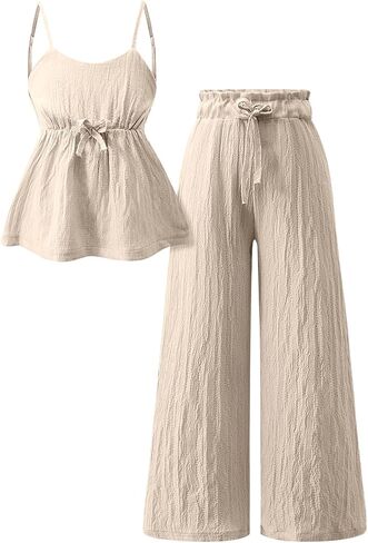 Cakaner Tween Girls Clothes 2 Piece Summer Outfit Set V Neck Cami Top & Wide Leg Pants Set Size 8-13 in Saudi Arabia