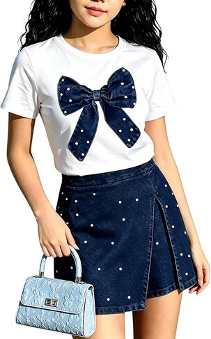 6-12Y Girls Summer Clothes Short Sleeve Bow Print T-Shirt Denim Skirt Shorts Set Tween Girls Outfits Set in Saudi Arabia
