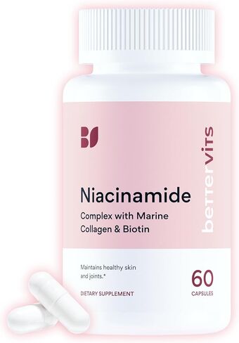 Bettervits Niacinamide Supplement with Vitamin B3, Marine Collagen & Hyaluronic Acid | High-Strength Vitamin B3 Capsules 300 mg. with Turmeric for Energy Metabolism & Skin Support - 60 Capsules in Saudi Arabia