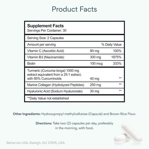 Bettervits Niacinamide Supplement with Vitamin B3, Marine Collagen & Hyaluronic Acid | High-Strength Vitamin B3 Capsules 300 mg. with Turmeric for Energy Metabolism & Skin Support - 60 Capsules in Saudi Arabia