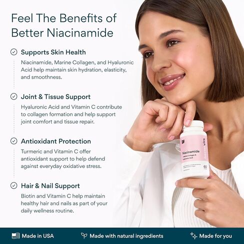Bettervits Niacinamide Supplement with Vitamin B3, Marine Collagen & Hyaluronic Acid | High-Strength Vitamin B3 Capsules 300 mg. with Turmeric for Energy Metabolism & Skin Support - 60 Capsules in Saudi Arabia