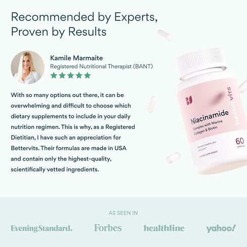 Bettervits Niacinamide Supplement with Vitamin B3, Marine Collagen & Hyaluronic Acid | High-Strength Vitamin B3 Capsules 300 mg. with Turmeric for Energy Metabolism & Skin Support - 60 Capsules in Saudi Arabia