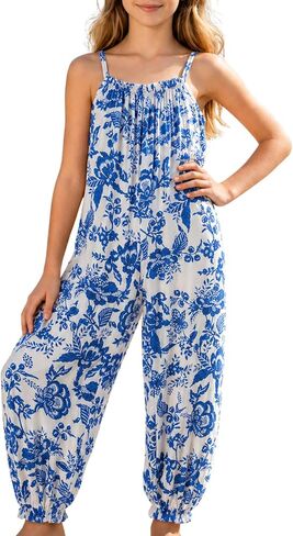 Girls Jumpsuit Hawaii Sleeveless Casual Romper for Teen Girls Suspender Wide Leg Pants with Belt Summer Beach Outfits for Kids Blue 10-11 Years in Kuwait