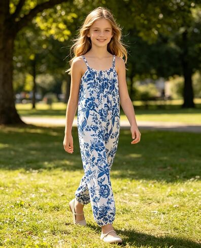 Girls Jumpsuit Hawaii Sleeveless Casual Romper for Teen Girls Suspender Wide Leg Pants with Belt Summer Beach Outfits for Kids Blue 10-11 Years in Kuwait