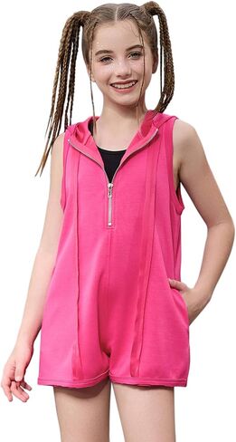 Perfashion Girls Summer Athletic Romper Shorts Hooded Jumpsuits Soft Sleeveless Overall With Pockets 4-13Y in Kuwait