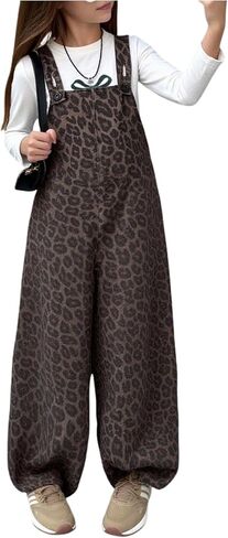 WDIRARA Girl's Leopard Denim Overalls Sleeveless Wide Leg Baggy Jumpsuit in Kuwait