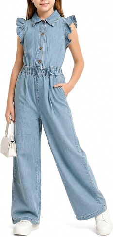 Girls Jumpsuits Kids Ruffle Sleeves Rompers Overalls Solid Color Sleeveless Long Pants with Pockets One Piece Outfits in Kuwait