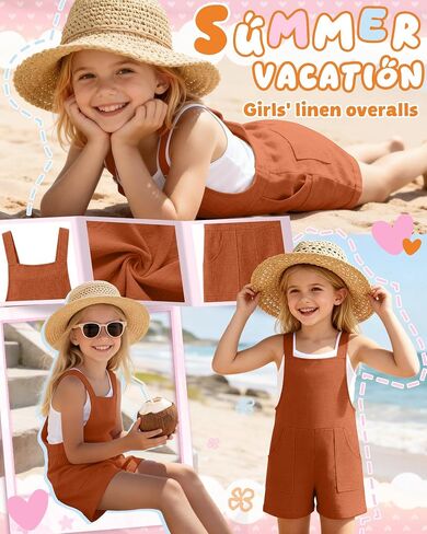 Girl's Rompers Linen Sleeveless Jumpsuits 5-14 Years Overalls Shorts with Pockets Cute Teen Summer Clothes(Caramel,11-12 Years) in Kuwait
