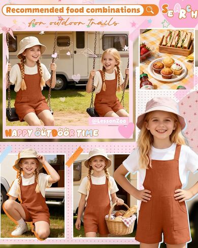 Girl's Rompers Linen Sleeveless Jumpsuits 5-14 Years Overalls Shorts with Pockets Cute Teen Summer Clothes(Caramel,11-12 Years) in Kuwait