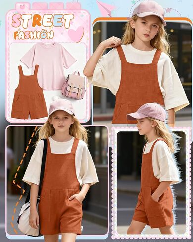 Girl's Rompers Linen Sleeveless Jumpsuits 5-14 Years Overalls Shorts with Pockets Cute Teen Summer Clothes(Caramel,11-12 Years) in Kuwait