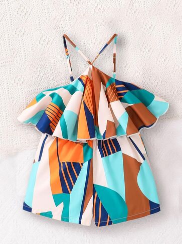 Girls Summer Ruffle Romper Sleeveless Geometric Print Jumpsuit with Spaghetti Straps Lightweight One-Piece Outfit in Kuwait