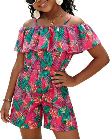 Girls Off Shoulder Ruffle Jumpsuit Elastic Waist Shorts One Piece Tropical Floral Pattern Casual Summer Beach Vacation Outfit in Kuwait