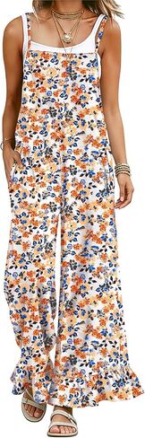 Womens Casual Overalls Loose Wide Leg Jumpsuits Ruffle Hem Floral Print Bohemian Wide Leg Baggy Rompers in Saudi Arabia