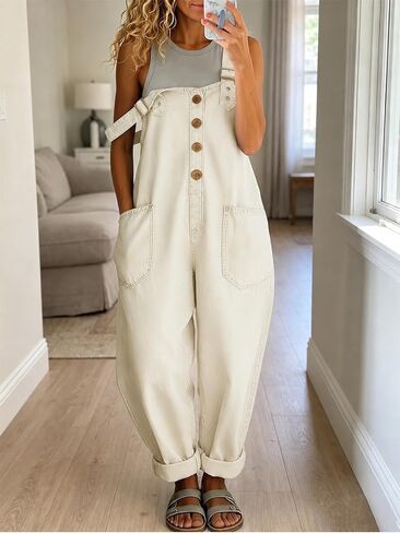Womens Denim Bib Overalls Y2K Adjustable Strap Casual Sleeveless Jumpsuits Wide Leg Pants Jean Romper with Pockets in Kuwait