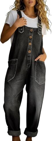 Womens Denim Bib Overalls Y2K Adjustable Strap Casual Sleeveless Jumpsuits Wide Leg Pants Jean Romper with Pockets in Kuwait