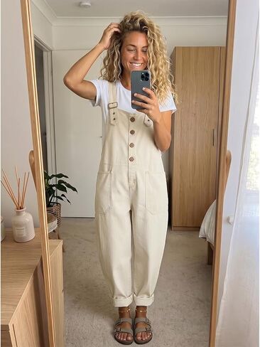 Womens Denim Bib Overalls Y2K Adjustable Strap Casual Sleeveless Jumpsuits Wide Leg Pants Jean Romper with Pockets in Kuwait