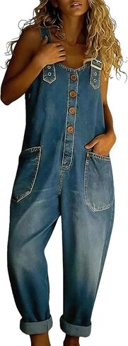 Womens Denim Bib Overalls Y2K Adjustable Strap Casual Sleeveless Jumpsuits Wide Leg Pants Jean Romper with Pockets in Kuwait