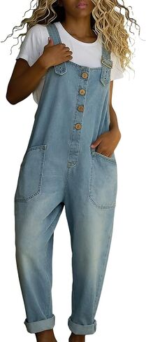 Womens Denim Bib Overalls Y2K Adjustable Strap Casual Sleeveless Jumpsuits Wide Leg Pants Jean Romper with Pockets in Kuwait
