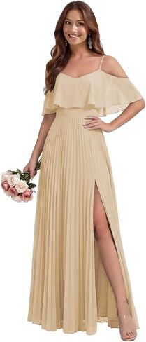 Off the Shoulder Chiffon Bridesmaid Dresses with Slit for Women Pleated Spaghetti Straps Wedding Guest Dress in Kuwait
