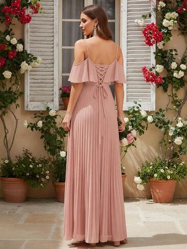 Off the Shoulder Chiffon Bridesmaid Dresses with Slit for Women Pleated Spaghetti Straps Wedding Guest Dress in Kuwait