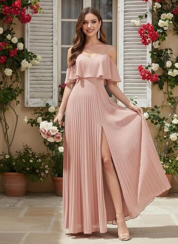 Off the Shoulder Chiffon Bridesmaid Dresses with Slit for Women Pleated Spaghetti Straps Wedding Guest Dress in Kuwait