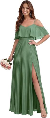 Off the Shoulder Chiffon Bridesmaid Dresses with Slit for Women Pleated Spaghetti Straps Wedding Guest Dress in Kuwait