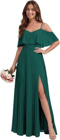 Off the Shoulder Chiffon Bridesmaid Dresses with Slit for Women Pleated Spaghetti Straps Wedding Guest Dress in Kuwait