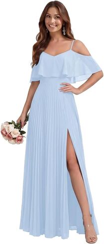Off the Shoulder Chiffon Bridesmaid Dresses with Slit for Women Pleated Spaghetti Straps Wedding Guest Dress in Kuwait