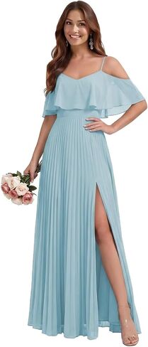 Off the Shoulder Chiffon Bridesmaid Dresses with Slit for Women Pleated Spaghetti Straps Wedding Guest Dress in Kuwait