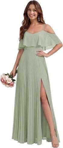 Off the Shoulder Chiffon Bridesmaid Dresses with Slit for Women Pleated Spaghetti Straps Wedding Guest Dress in Kuwait