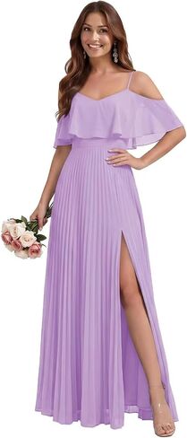 Off the Shoulder Chiffon Bridesmaid Dresses with Slit for Women Pleated Spaghetti Straps Wedding Guest Dress in Kuwait