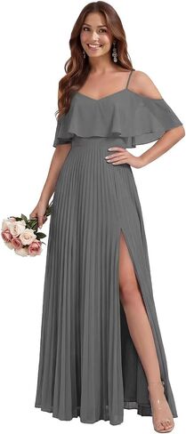 Off the Shoulder Chiffon Bridesmaid Dresses with Slit for Women Pleated Spaghetti Straps Wedding Guest Dress in Kuwait