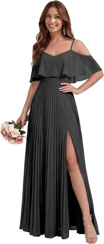 Off the Shoulder Chiffon Bridesmaid Dresses with Slit for Women Pleated Spaghetti Straps Wedding Guest Dress in Kuwait