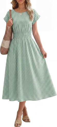 ANRABESS Womens Summer Midi Dress Striped Casual Short Sleeve Crewneck Empire Waist 2026 Flowy Long Beach Dress with Pockets in Kuwait