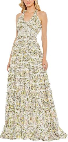 Tiered Smock Gown with Multicolor Floral Print & Cross Back by Mac Duggal in Saudi Arabia