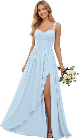 Pleated Chiffon V Neck Bridesmaid Dresses for Women Long Spaghetti Straps Wedding Guest Dress with Ruffled Slit in Kuwait