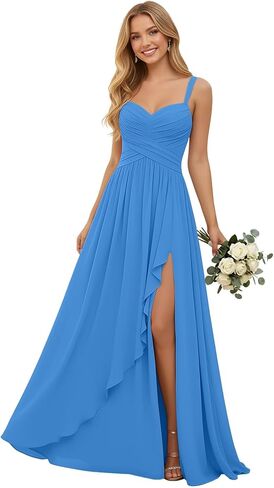 Pleated Chiffon V Neck Bridesmaid Dresses for Women Long Spaghetti Straps Wedding Guest Dress with Ruffled Slit in Kuwait