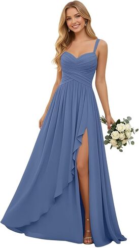 Pleated Chiffon V Neck Bridesmaid Dresses for Women Long Spaghetti Straps Wedding Guest Dress with Ruffled Slit in Kuwait