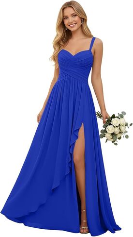 Pleated Chiffon V Neck Bridesmaid Dresses for Women Long Spaghetti Straps Wedding Guest Dress with Ruffled Slit in Kuwait