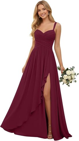 Pleated Chiffon V Neck Bridesmaid Dresses for Women Long Spaghetti Straps Wedding Guest Dress with Ruffled Slit in Kuwait