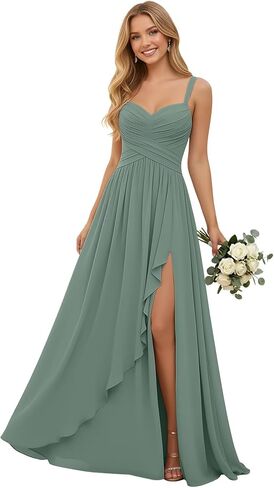 Pleated Chiffon V Neck Bridesmaid Dresses for Women Long Spaghetti Straps Wedding Guest Dress with Ruffled Slit in Kuwait