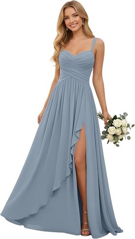 Pleated Chiffon V Neck Bridesmaid Dresses for Women Long Spaghetti Straps Wedding Guest Dress with Ruffled Slit in Kuwait