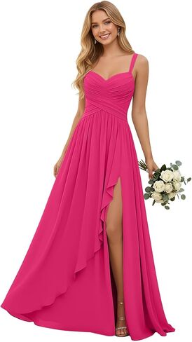 Pleated Chiffon V Neck Bridesmaid Dresses for Women Long Spaghetti Straps Wedding Guest Dress with Ruffled Slit in Kuwait